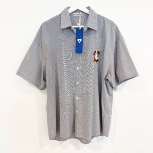 NWT Aelfric Eden Mens Short Sleeve Button Up Embroidered Dog Striped Shirt Small